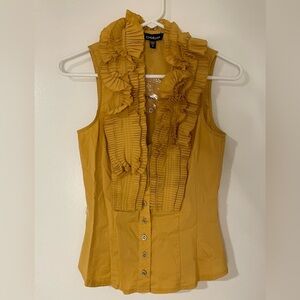 BCBGMaxAzria Mustard Yellow Ruffle Button-Front Sleeveless Shirt
